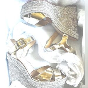 Christian louboutin  espadrilles w/sparkling wedge & soft gold straps size 5.5